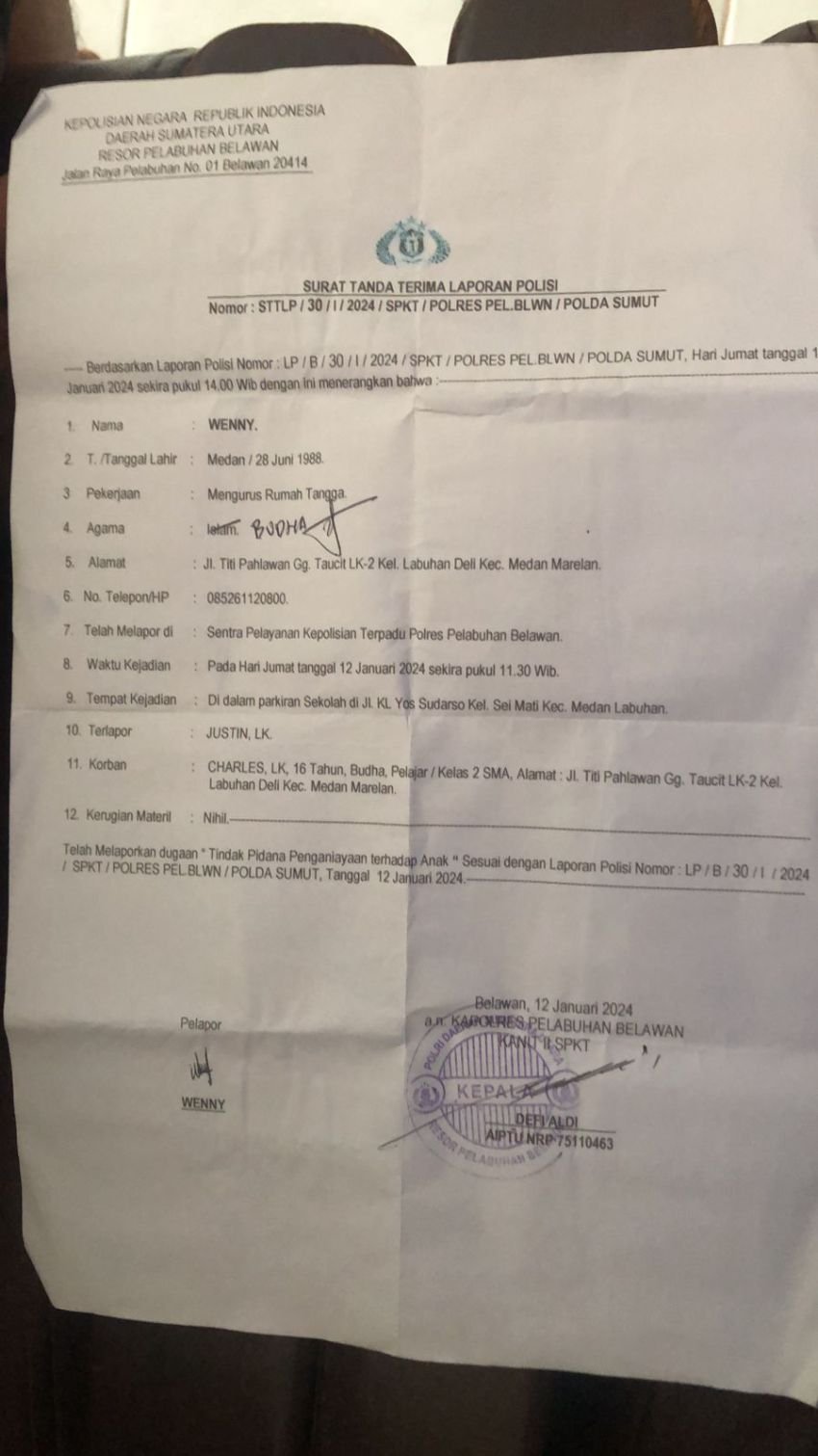 Ditinju Kakak Kelas, Siswa SMA Yayasan Wahidin Mengadu ke Polres Pelabuhan Belawan