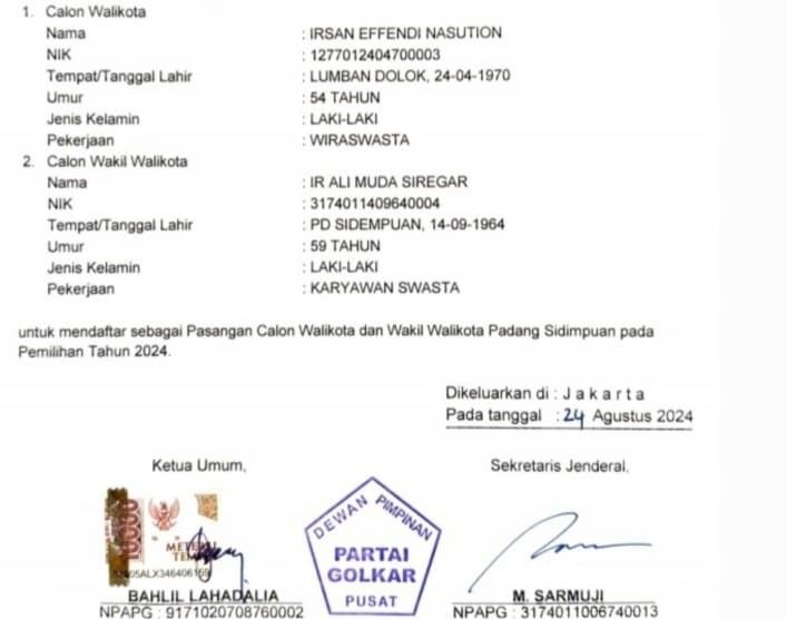 Pasca Munas, Golkar Tetap Usung Irsan-Ali di Pilkada Kota Padangsidimpuan