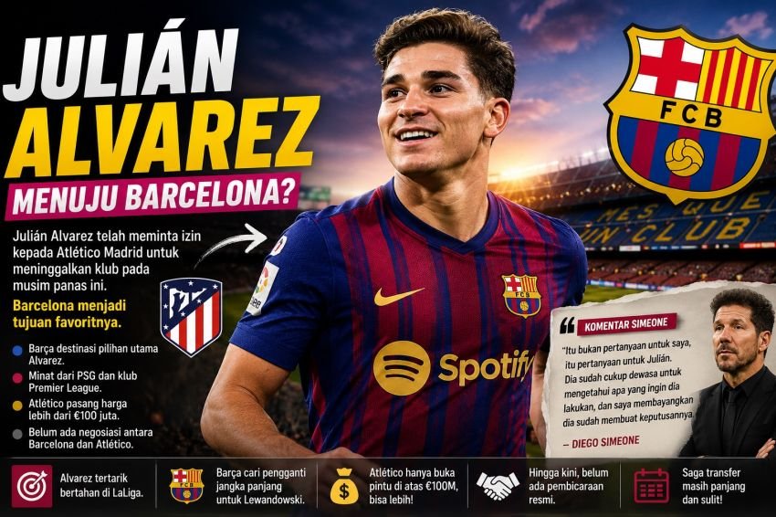 Juli&aacute;n Alvarez Minta Pergi, Barcelona Jadi Tujuan Utama? Atletico Pasang Harga Fantastis