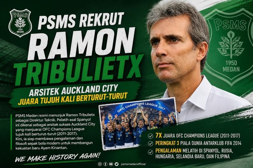 PSMS Rekrut Ramon Tribulietx, Arsitek Auckland City Juara Tujuh Kali Berturut-Turut