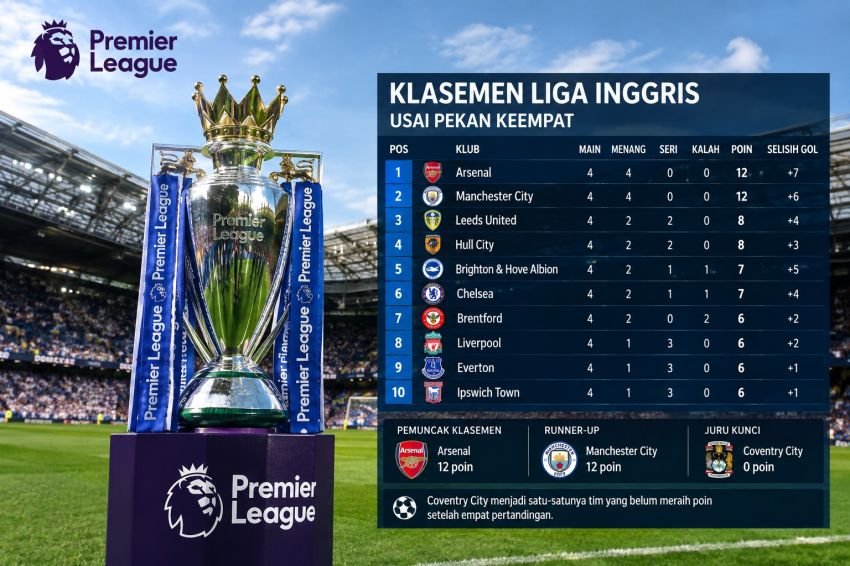 Klasemen Liga Inggris Usai Pekan 4: Arsenal di Puncak, Coventry Juru Kunci